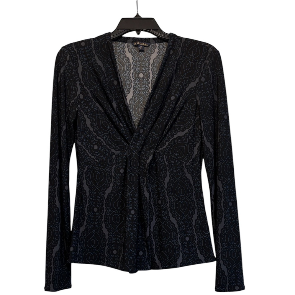 BROOKS BROTHERS Black and Blue Patterned Ruched Long Sleeve Blouse
